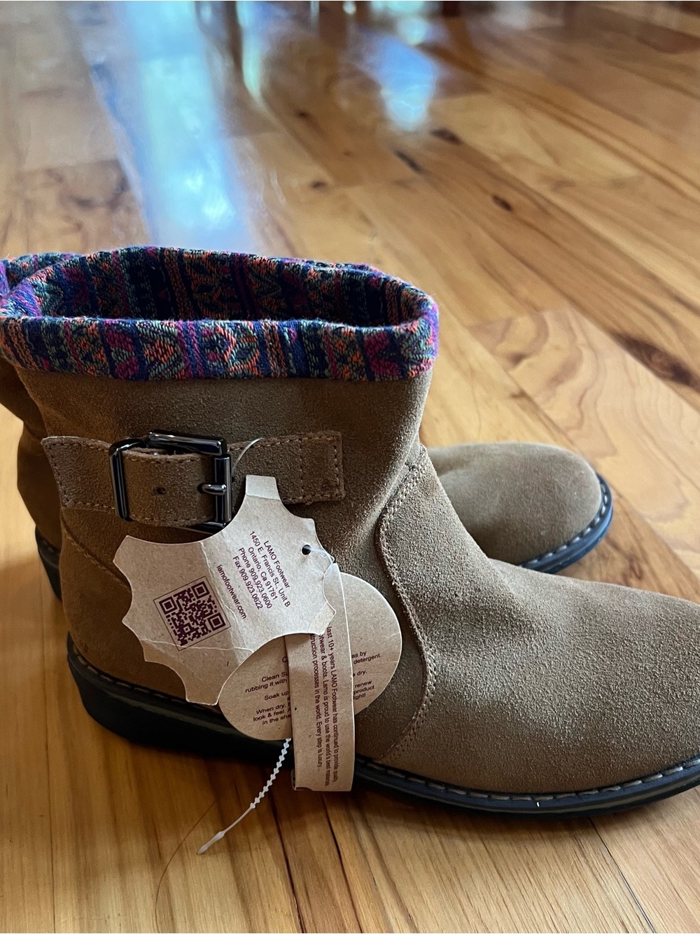 Lamo Brown Suede Ankle Boots with Colorful Woven Cuff